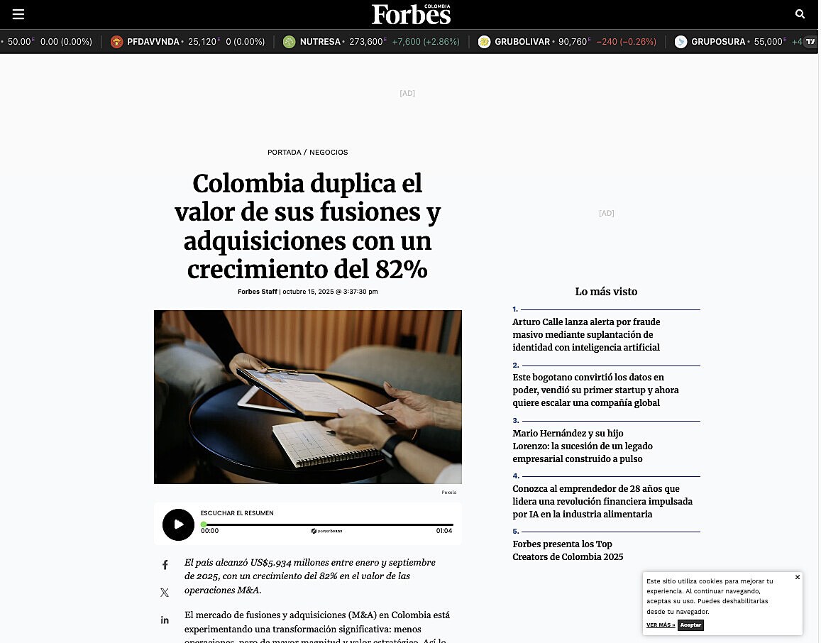 Colombia duplica el valor de sus fusiones y adquisiciones con un crecimiento del 82%
